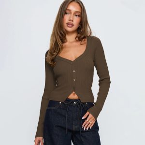 ELEZUN Women Brown Knit tops Fit Sweaters Tops Long Sleeve Buttons Pullovers Fashion Tops